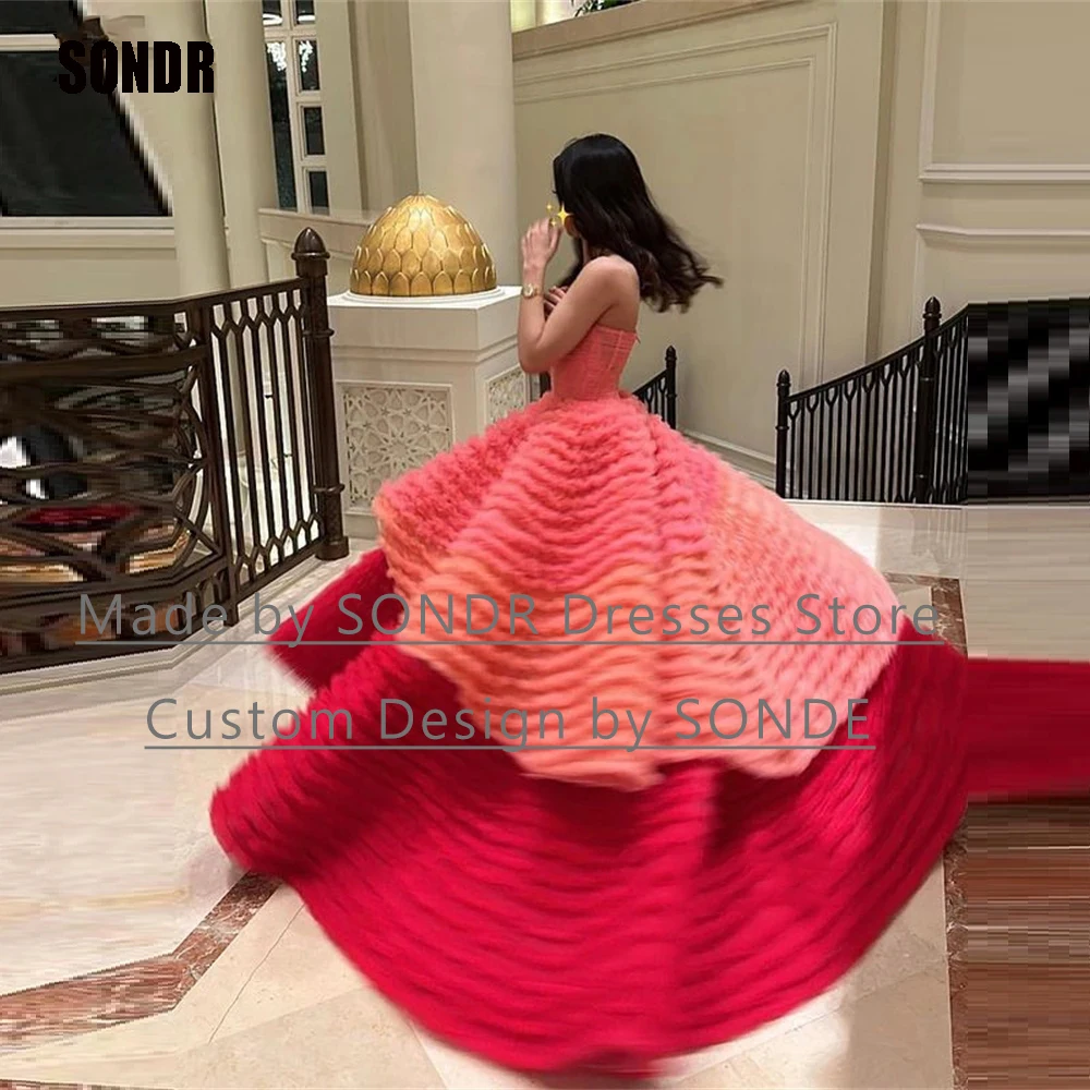 SONDR Розовые и красные вечерние платья из тюля с многослойными оборками и открытой спиной, вечерние длинные платья для вечеринок, платья для женщин 2023 г. Изображение 0