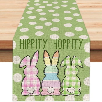 Пасхальные Кролики Happity Hoppity Зеленая Льняная Настольная дорожка Весенний Декор Кролик Праздничный Фермерский дом Тематические Украшения для званого ужина