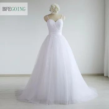 Свадебные платья трапециевидной формы с белой кружевной аппликацией, шлейф, сшитые на заказ свадебные платья на тонких бретельках длиной до пола